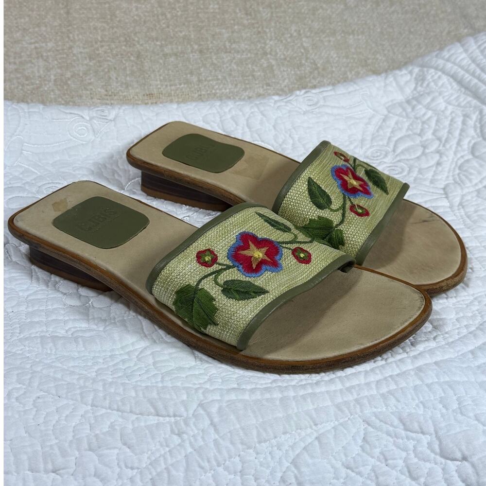 Charles Jourdan Women's 7.5 Green Vintage Floral Embroidered Slide Sandals Flats